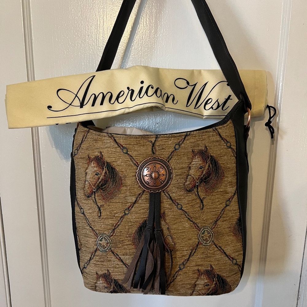 American West Vintage Inspired Woven Horse Chocolate Leather hobo Purse